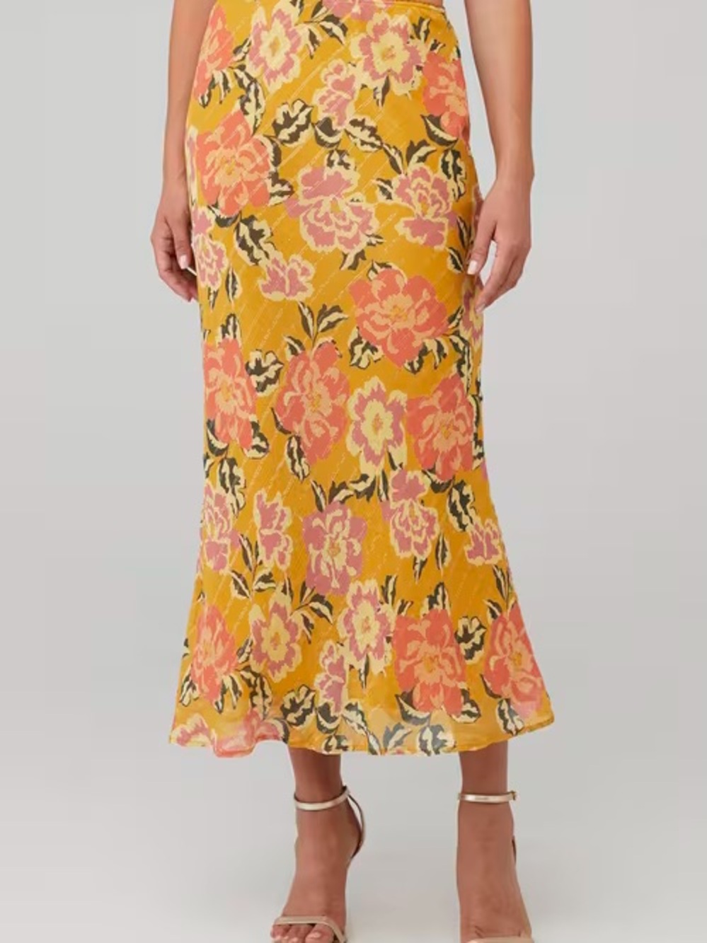 Hansen & Gratel Yellow Floral Midi Skirt with Pink Flowers